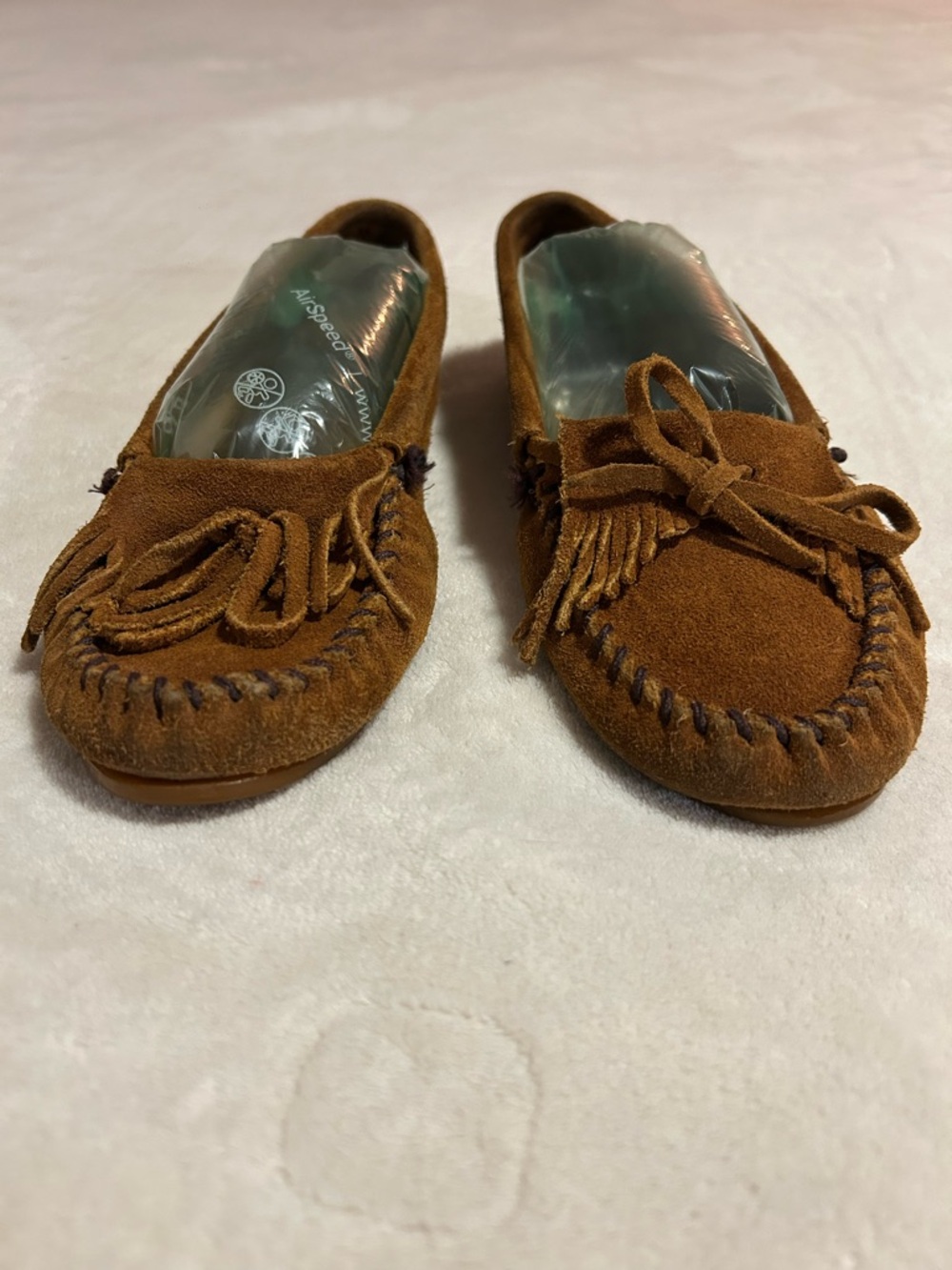 Minnetonka Kilty Moccasin 7.5 women shoe leather cognac slip on suede comfy her